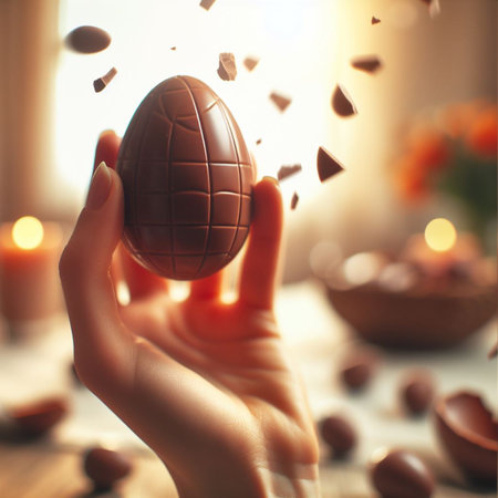 a chocolate Easter egg being held or tossed in the airの素材