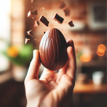 a chocolate Easter egg being held or tossed in the airの素材