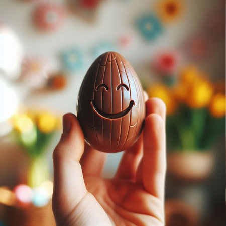 a chocolate Easter egg being held or tossed in the airの素材