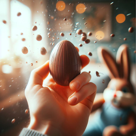 a chocolate Easter egg being held or tossed in the airの素材