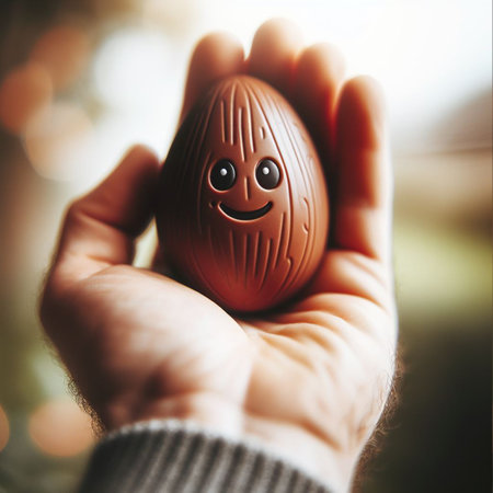 a chocolate Easter egg being held or tossed in the airの素材