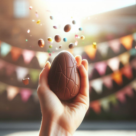 a chocolate Easter egg being held or tossed in the airの素材