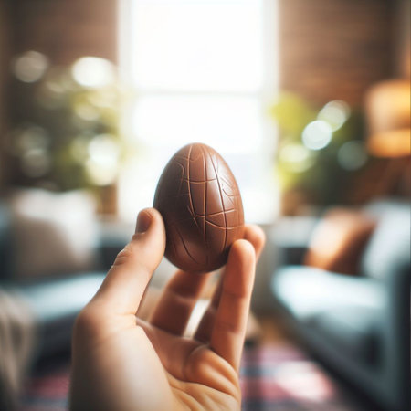 a chocolate Easter egg being held or tossed in the airの素材