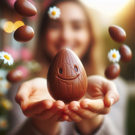 a chocolate Easter egg being held or tossed in the airの素材