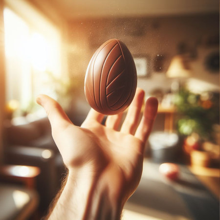 a chocolate Easter egg being held or tossed in the airの素材