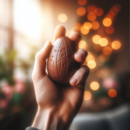 a chocolate Easter egg being held or tossed in the airの素材