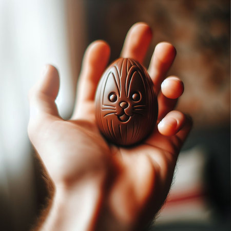 a chocolate Easter egg being held or tossed in the airの素材