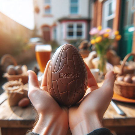 a chocolate Easter egg being held or tossed in the airの素材