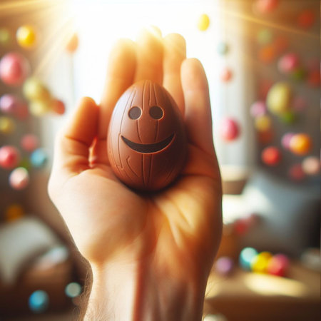 a chocolate Easter egg being held or tossed in the airの素材