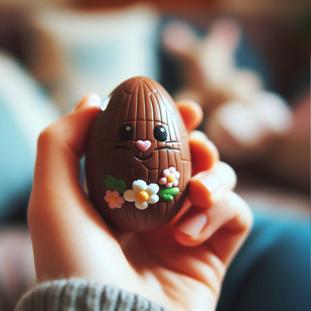 a chocolate Easter egg being held or tossed in the airの素材