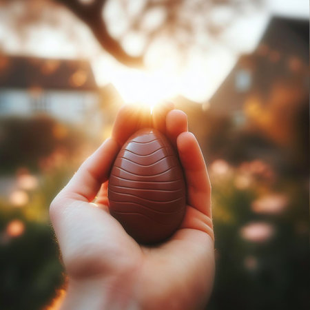 a chocolate Easter egg being held or tossed in the airの素材