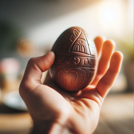 a chocolate Easter egg being held or tossed in the airの素材