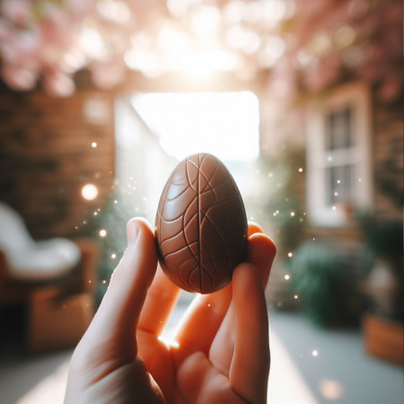 a chocolate Easter egg being held or tossed in the airの素材