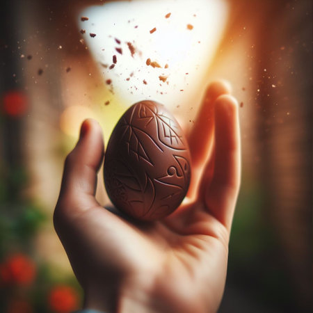 a chocolate Easter egg being held or tossed in the airの素材