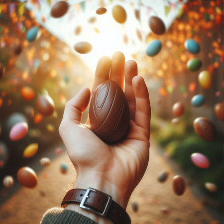 a chocolate Easter egg being held or tossed in the airの素材