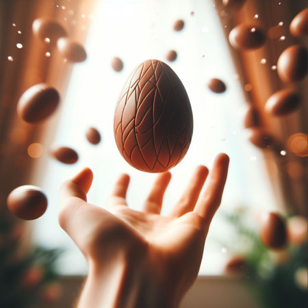 a chocolate Easter egg being held or tossed in the airの素材