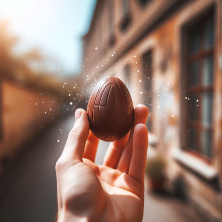 a chocolate Easter egg being held or tossed in the airの素材