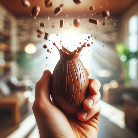 a chocolate Easter egg being held or tossed in the airの素材