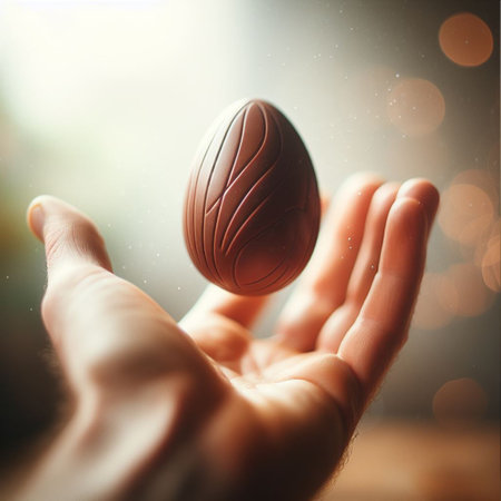 a chocolate Easter egg being held or tossed in the airの素材