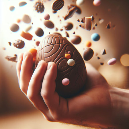 a chocolate Easter egg being held or tossed in the airの素材
