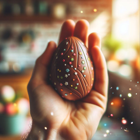 a chocolate Easter egg being held or tossed in the airの素材