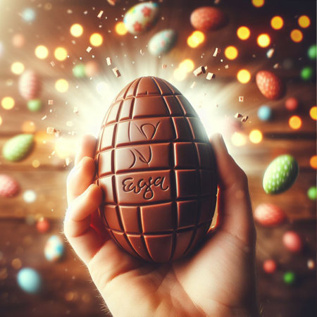 a chocolate Easter egg being held or tossed in the airの素材