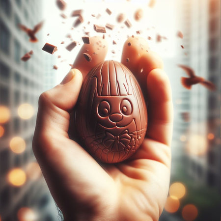 a chocolate Easter egg being held or tossed in the airの素材