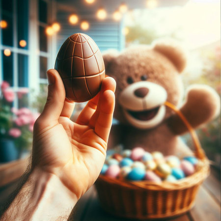 a chocolate Easter egg being held or tossed in the airの素材