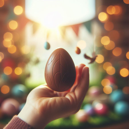 a chocolate Easter egg being held or tossed in the airの素材