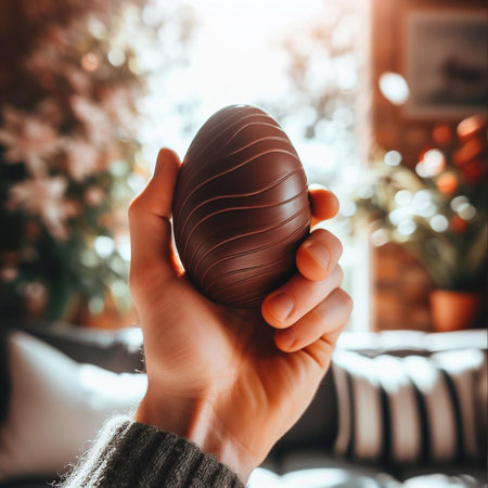 a chocolate Easter egg being held or tossed in the airの素材