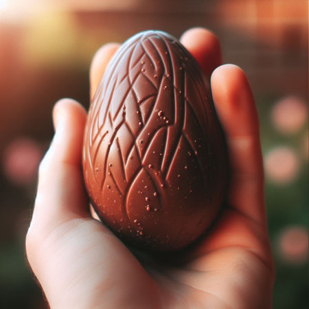 a chocolate Easter egg being held or tossed in the airの素材