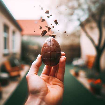a chocolate Easter egg being held or tossed in the airの素材