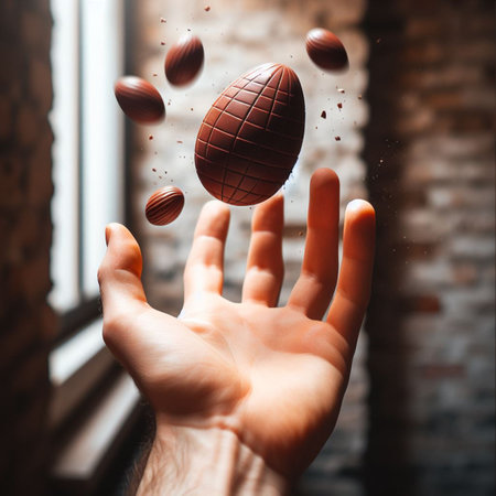 a chocolate Easter egg being held or tossed in the airの素材