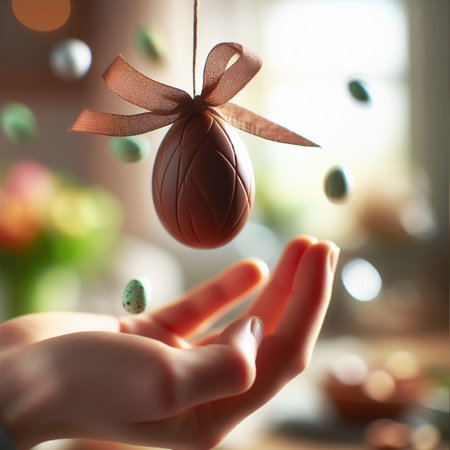 a chocolate Easter egg being held or tossed in the airの素材