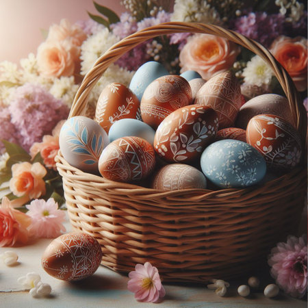 a wicker basket filled with hand-painted Easter eggsの素材