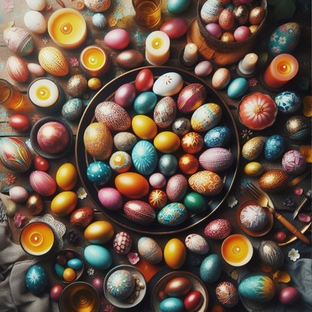 Easter eggs background. Colorful Easter eggs background. Top view.の素材