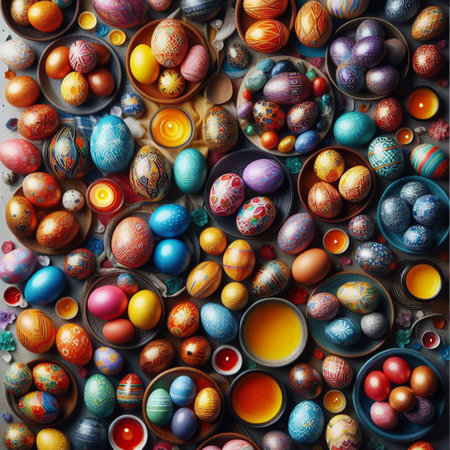 Easter eggs background. Colorful Easter eggs background. Top view.の素材