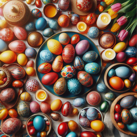 Easter eggs background. Colorful Easter eggs background. Top view.の素材