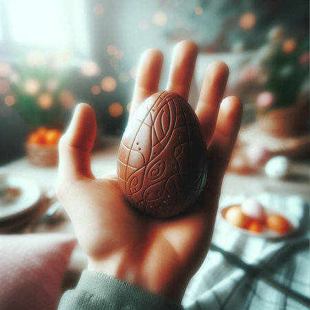 a chocolate Easter egg being held or tossed in the airの素材
