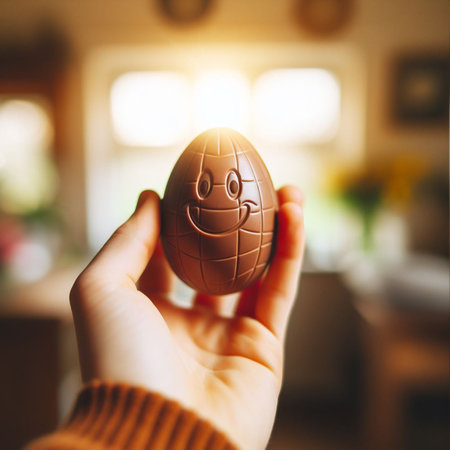 a chocolate Easter egg being held or tossed in the airの素材