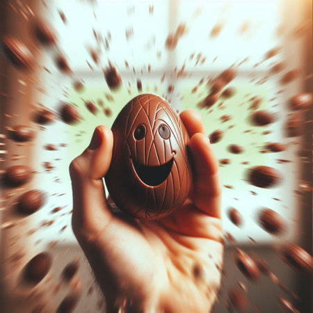 a chocolate Easter egg being held or tossed in the airの素材