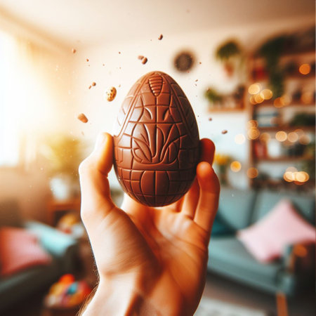 a chocolate Easter egg being held or tossed in the airの素材