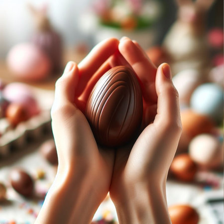 a chocolate Easter egg being held or tossed in the airの素材