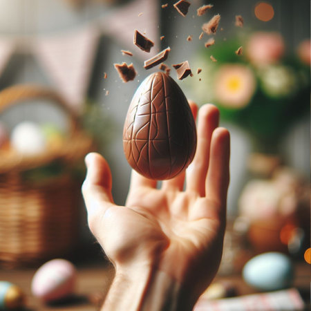 a chocolate Easter egg being held or tossed in the airの素材