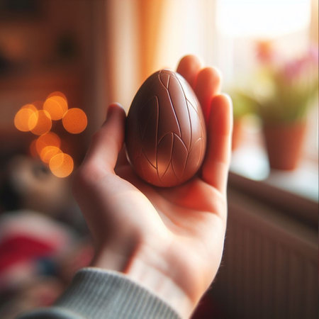 a chocolate Easter egg being held or tossed in the airの素材