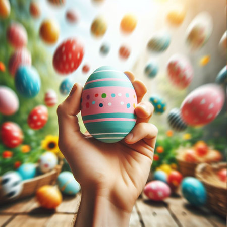 an Easter egg being held or tossed in the airの素材
