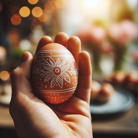 an Easter egg being held or tossed in the airの素材