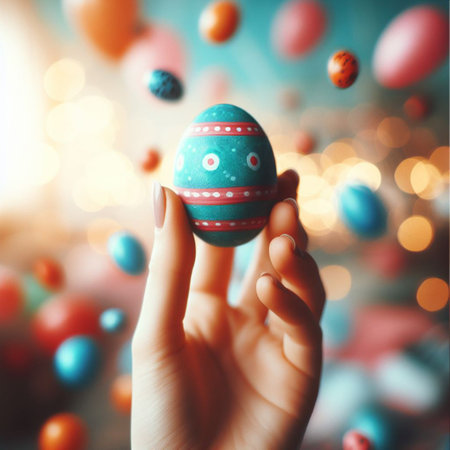 an Easter egg being held or tossed in the airの素材