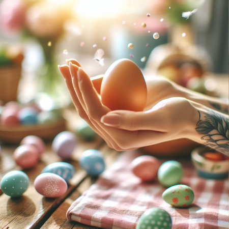 an Easter egg being held or tossed in the airの素材