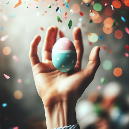 an Easter egg being held or tossed in the airの素材